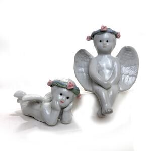 2 Vintage Ceramic Cherub Angels One Shelf Sitter And One On Tummy